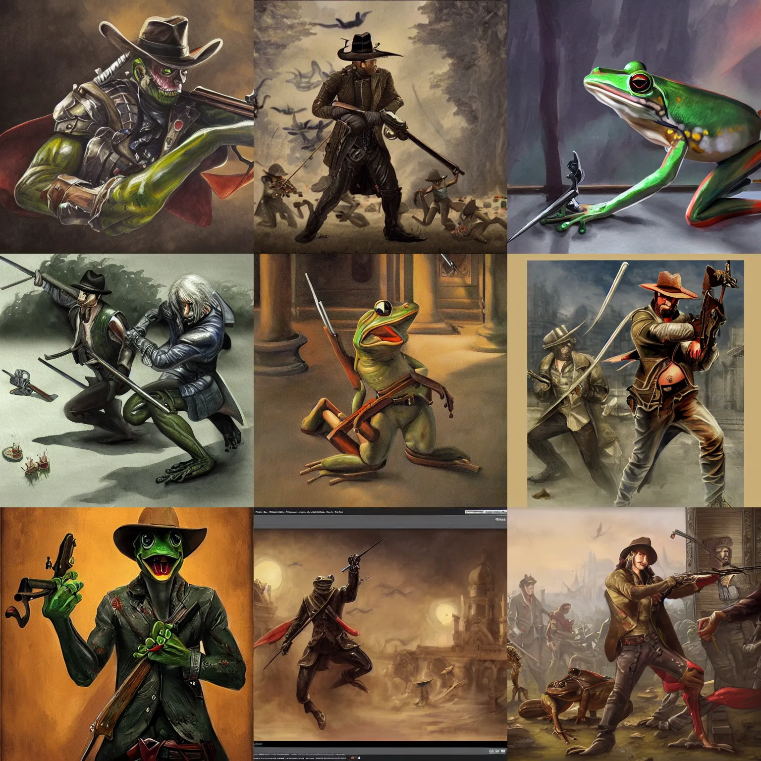 Prompt: frog gunslinger fighting vampires classical painting trending on art station