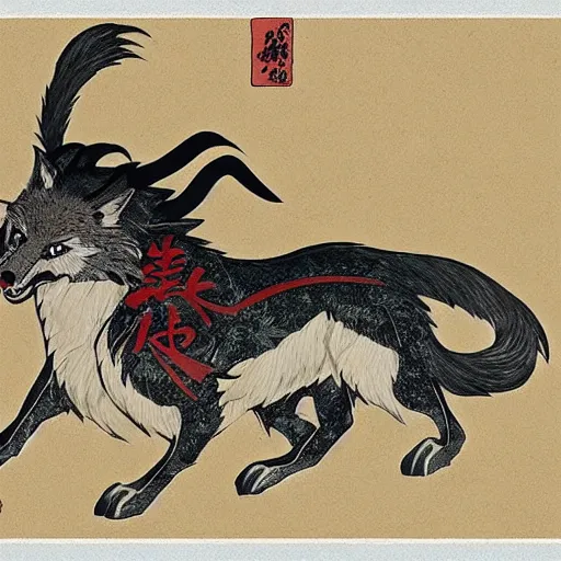 Prompt: wolf-samurai in the style of Hokusai