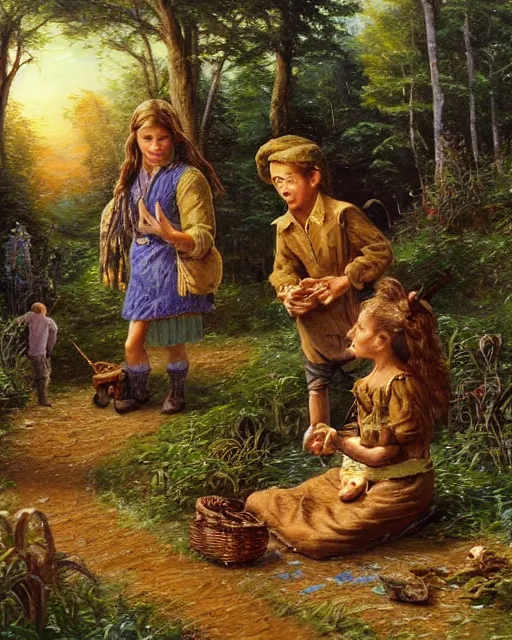 Prompt: an oil painting of a young, poor peasant brother and sister lost in the forest, with a witch's gingerbread house coverd in candy, by thomas kincade, ivan shiskin, and james gurney
