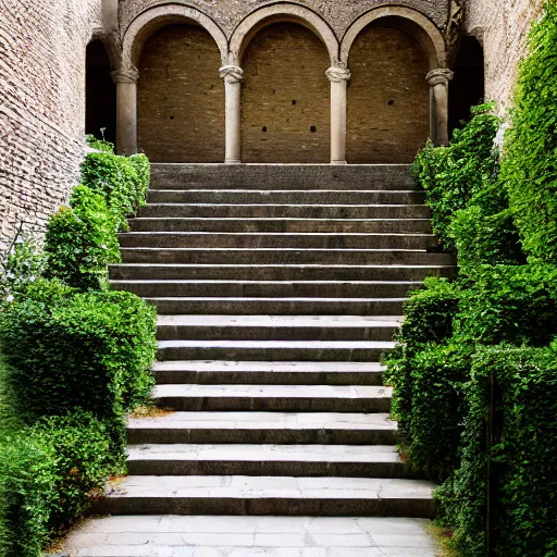 Image similar to courtyard complex of a labyrinthine monastary made of iteratively stacked stones, fusion of carlo scarpa and louis kahn, ivy growing on the bricks, people walking around and sitting on steps, architectural photography