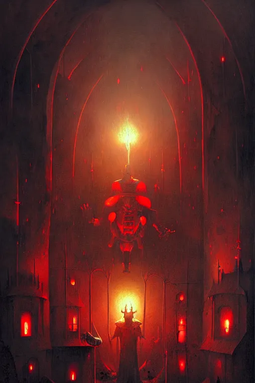 Image similar to hieronymus bosch, greg rutkowski, anna podedworna, painting of the black knight, glowing red evil lights, graveyard