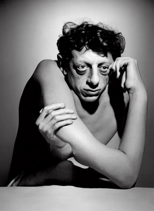 Prompt: a portrait photograph of a young philip glass by yousuf karsh, 3 5 mm, color film camera, pentax