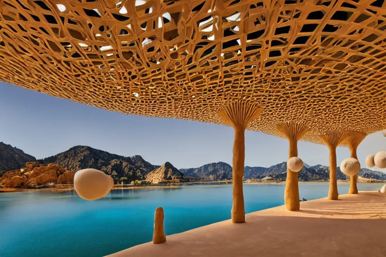 Image similar to palais bulles architecture is formed by the intersection of many white egg shaped spherical spaces. on the calm lake, people's perspective, future, interior wood, marble, award winning, highly detailed 4 - k art, dusk, unreal engine highly rendered, global illumination, radial light, internal environment