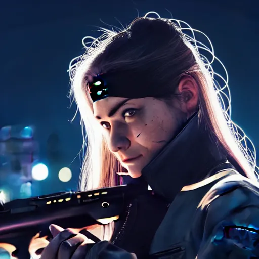 Image similar to photographic portrait of a techwear woman holding a shotgun, closeup, on the rooftop of a futuristic city at night, sigma 85mm f/1.4, 4k, depth of field, high resolution, 4k, 8k, hd, full color, Die Hard, movies with guns, movie firearms