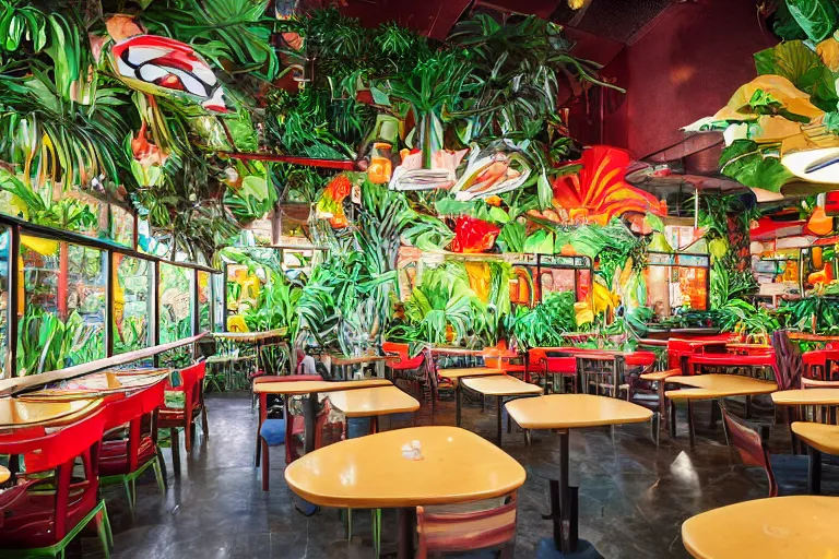 Prompt: 1 9 8 5 tropical jungle themed classic american diner, people sitting at tables, junglecore, one point perspective, americana, restaurant interior photography, 8 5 mm