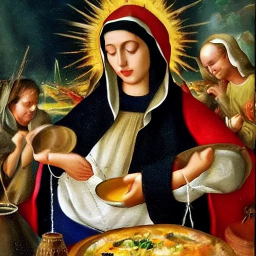 Image similar to la virgen maria haciendo una paella