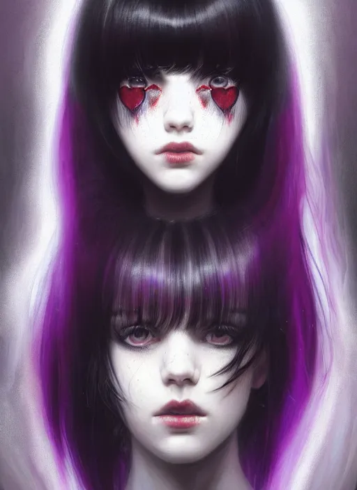 Image similar to portrait of teenage girl, red irises, red eyes, black hair, black and white hair, white bangs, purple clothes, white bangs, bangs, black hair and white bangs, intricate, elegant, glowing lights, highly detailed, digital painting, artstation, concept art, smooth, sharp focus, illustration, art by wlop, mars ravelo and greg rutkowski