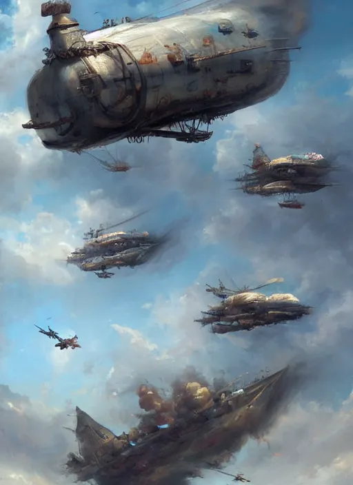 Prompt: two airship pirate ships battling in the air painted by raymond swanland