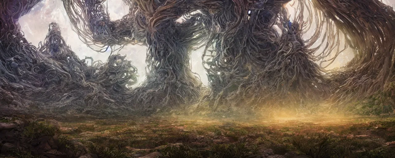 Prompt: a giant gatekeeper guarding the entrance to the tree of life, large scale, breathtaking, mixed media, digital art, trending on artstation, 8k, epic composition, highly detailed, AAA graphics