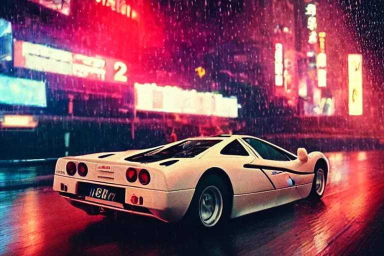 Prompt: a 1 9 7 8 mclaren f 1, speeding down tokyo highway in the rain, night time, neon lights, thunderstorm, movie still from the movie bladerunner 2 0 4 9