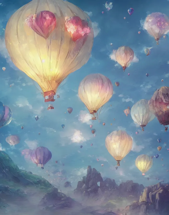 Image similar to bouquet of flowers as hot air balloons, environment concept art, daytime ethereal anime, high detail Impressionist style, dreamy light color palette, style of studio ghibli and moebius, concept art stunning atmosphere, trending on artstation, volumetric light