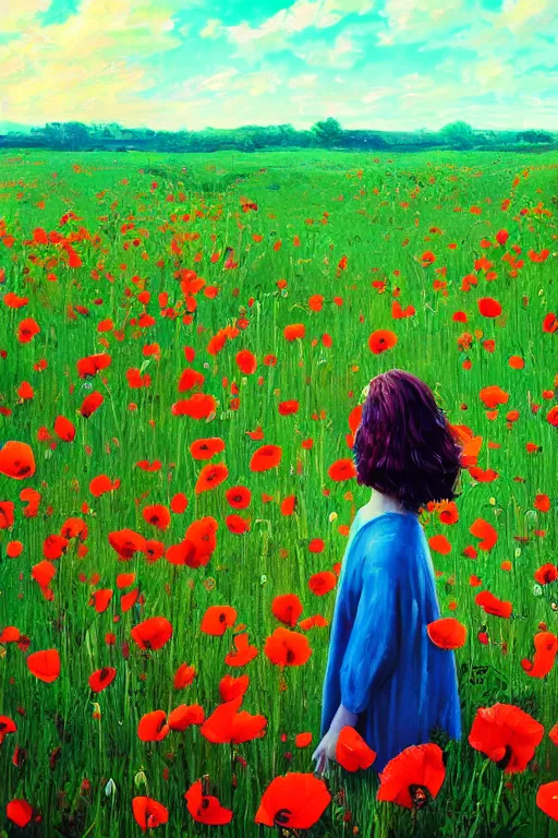 Image similar to closeup, giant poppy flower head, girl standing in a field of flowers, surreal photography, sunrise, blue sky, dramatic light, impressionist painting, digital painting, artstation, simon stalenhag