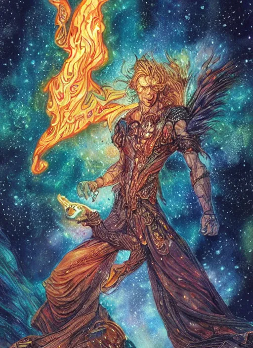 Image similar to high intricate colored ink drawing of the sandman holding a glimmering fire - galaxy, full shot, neil gaiman, maria panfilova, andrea savchenko, mike kime, ludovic plouffe, qi sheng luo, oliver cook, julian calle, eddie mendoza, trending on artstation