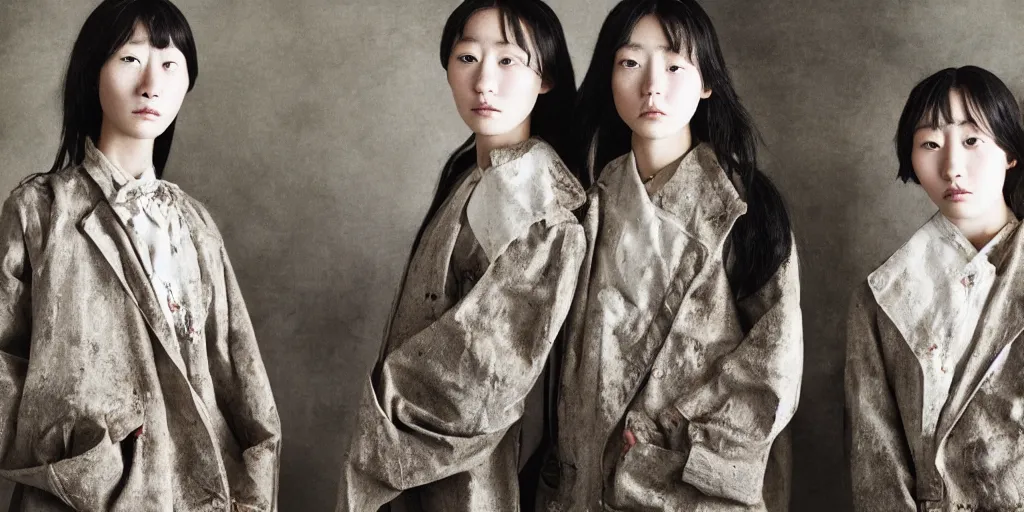 Prompt: Two young Korean women who are twins, in a fashion shoot for streetwear by Margiela, painted in the style of Andrew Wyeth