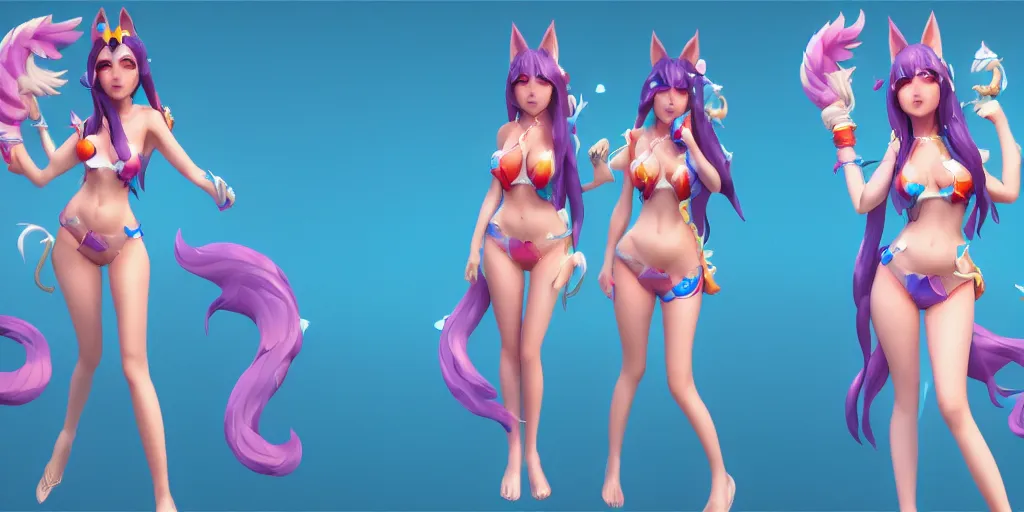 Image similar to Character sheet of gorgeous pool party ahri (League of Legends). 3d octane render trending on artstation