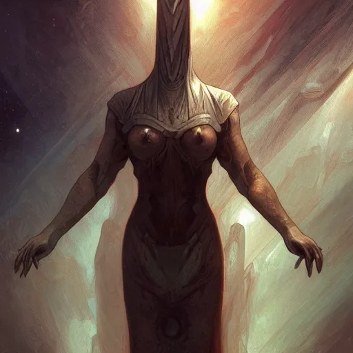 Prompt: silent hill pyramid head in space, intricate, elegant, highly detailed, digital painting, artstation, concept art, smooth, sharp focus, illustration, art by artgerm and greg rutkowski and alphonse mucha and william - adolphe bouguereau