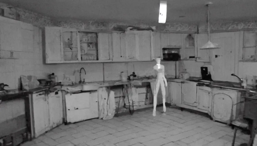 Prompt: a wax puppet in a stalinist style kitchen, mini dv camera found footage, very very low quality picture, heavy grain, caught on security camera, heavy jpeg artifact, night vision very blurry, caught on trail cam, 1 4 4 p, ultra wide lens