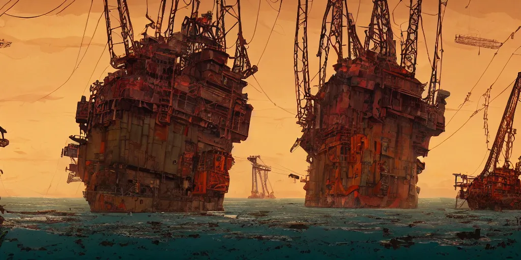 Prompt: a film still of a gigantic rusty metal shipping vessel from Tekkonkinkreet by Ian McQue , bits of broken light, vibrant, 50mm lens, video game character design, 2d game lineart behance hd, dramatic lighting, sunrise, global illumination, trending on Artstation, bloom