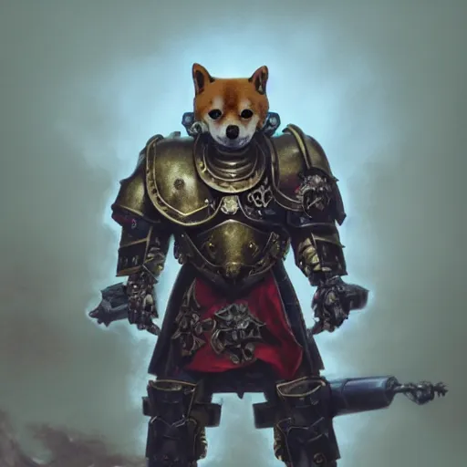 Image similar to wearing warhammer 4 0 k skullknight armor, anthropomorphic shiba inu, shiba inu face, stuning 3 d render, masterpiece, glowing aura, by donato giancola and greg rutkowski and wayne barlow and zdzisław beksinski, realistic face