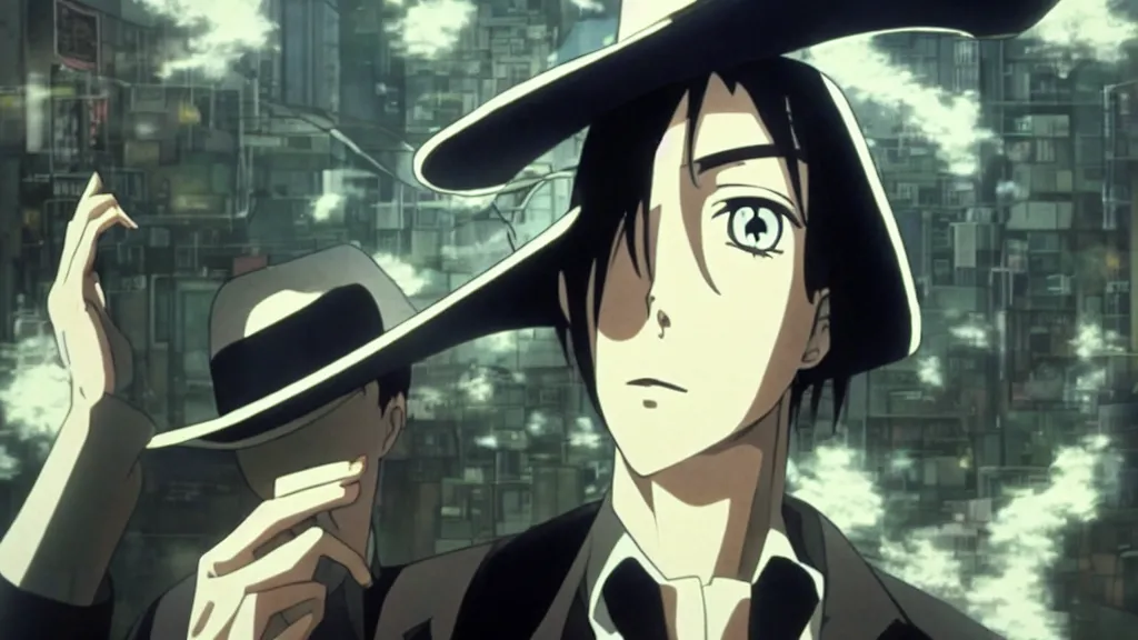 Image similar to a man who’s face is a vortex wearing a fedora and trench coat, anime film still from the movie directed by Denis Villeneuve with art direction by Junji Ito, wide lens