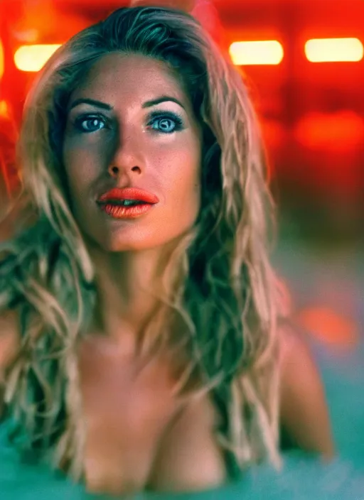 Prompt: A hyper realistic and detailed head portrait photography of Rebecca Romign of Baywatch on a futuristic beach. by Annie Leibovitz. Neo noir style. Cinematic. neon lights glow in the background. Cinestill 800T film. Lens flare. Helios 44m