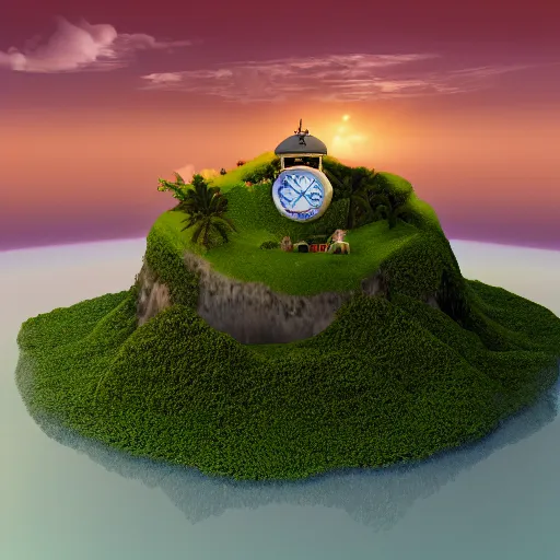 Image similar to a clock floating on an floating island, there are clouds around, it is on earth, on the background there are other floating islands too, cartoony, 4 k resolution, award winning