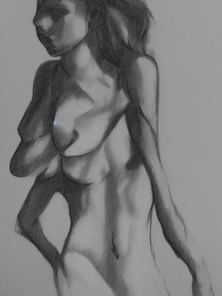 Prompt: charcoal figure drawing of a beautiful female model