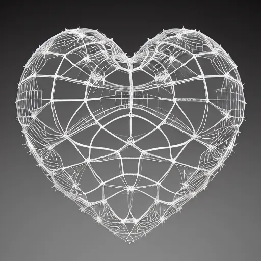 Prompt: complex 3d render ultra-detailed of a leather basketball in the shape of a heart, sacred heart with net around it like thorns, 150 mm, beautiful natural soft light, rim light, silver gold details, maze like, mesh wire, intricate details, hyperrealistic, ultra detailed, mandelbrot fractal, anatomical, white metal neocubism armor, elegant, octane render, H.R. Giger style, 8k