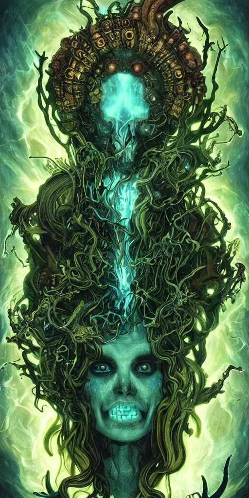 Image similar to intense glowing angry pagan fungus god with horns and tentacles and intense glowing eyes and a mossy skull in very dark cosmic space by karol bak and artgerm and alphonse mucha, portrait, fantasy, clear, light beams, lens flare, intense, uhd, amazing depth, cinematic lighting, deep green and teal and brown and shining gold