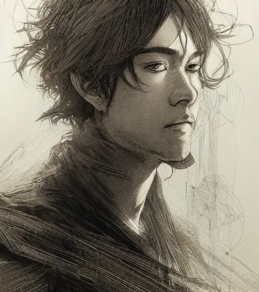 Image similar to portrait of anime boy with long hair wearing a dark robe, pen and ink, intricate line drawings, by craig mullins, ruan jia, kentaro miura, greg rutkowski, loundraw