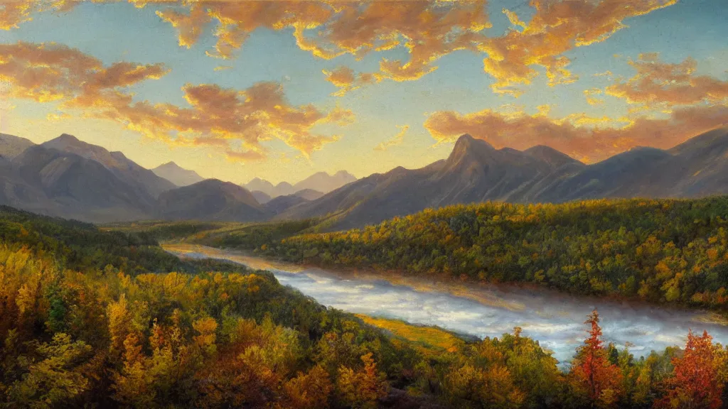 Image similar to The most beautiful panoramic landscape, oil painting, where the mountains are towering over the valley below their peaks shrouded in mist, the sun is just peeking over the horizon producing an awesome flare and the sky is ablaze with warm colors, lots of birds and stratus clouds. The river is winding its way through the valley and the trees are starting to turn yellow and red, by Greg Rutkowski, aerial view