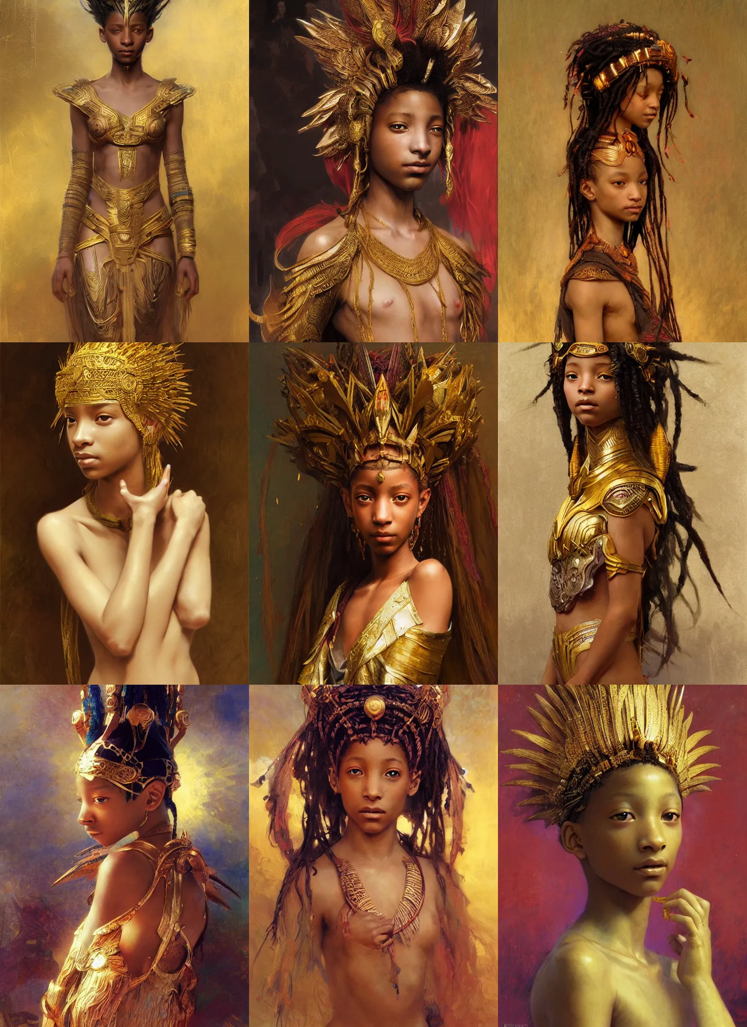 Prompt: willow smith young ancient libu girl, marvel comics, intricate, highly detailed, golden headdress, artstation, digital illustration, orientalism, bouguereau, ruan jia, rutkowski