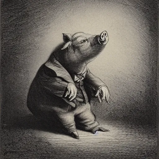 Prompt: pig in a tuxedo, dark, high detail, dramatic light, drawing gustave dore