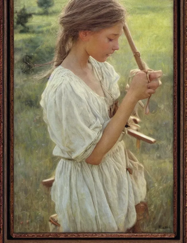 Image similar to peasant girl drawing on a easel, cottage core, cinematic focus, polaroid photo bleached vintage pastel colors high - key lighting, soft lights, foggy, by steve hanks, by lisa yuskavage, by serov valentin, by tarkovsky, detailed, oil on canvas