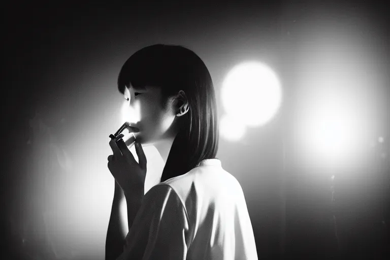 Image similar to photography masterpiece by haruto hoshi and yang seung woo, flash photography, portrait of a young japanese woman in a white dress smoking a cigarette in a cabaret night club, shot on a canon 5 d mark iii with a 3 5 mm lens aperture f / 5. 6, dslr, hd, full res, 4 k