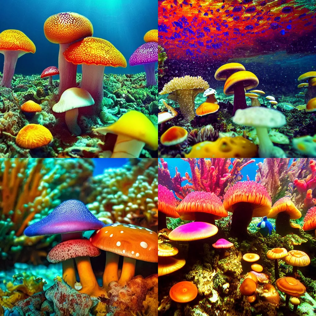 Prompt: underwater mushroom forest, colorful mushrooms, help in the background, colorful nudibranchs crawling along the ocean floor, sunbeams, macro photo, stunning, National Geographic photography