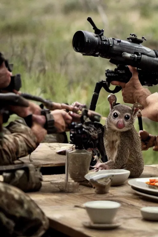 Image similar to cinematography of a tiny war happening on a dining table between militarized bush babies. by Roger Deakins