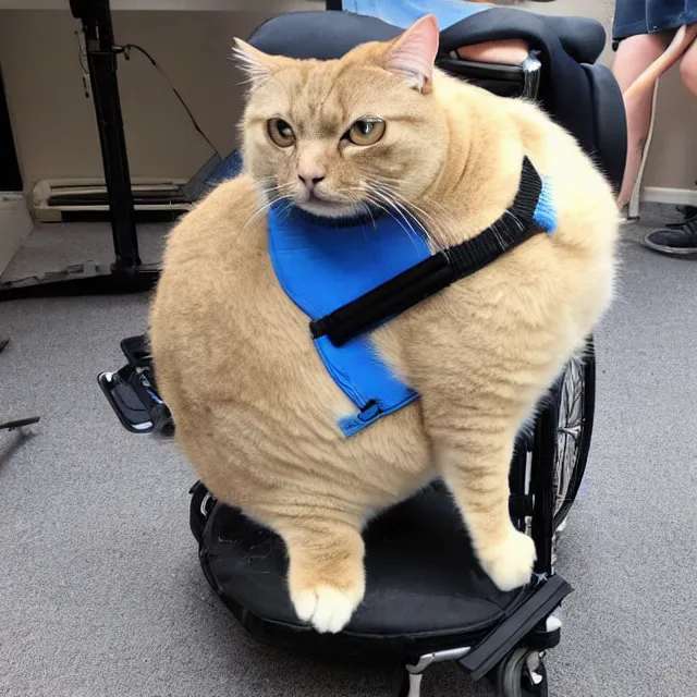 Image similar to super fat cat sitting in a wheelchair