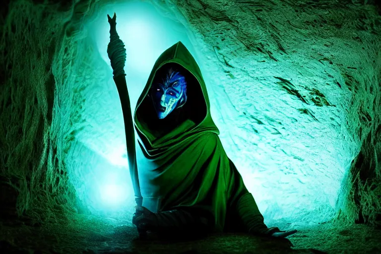 Image similar to vfx film, hyper realistic render, soul reaver, raziel irl, price of persia movie, missing jaw, hero pose, devouring magic souls, scarf, hood, glowing green soul blade, in epic ancient sacred huge cave temple, flat color profile low - key lighting award winning photography arri alexa cinematography, hyper real photorealistic cinematic beautiful, atmospheric cool colorgrade