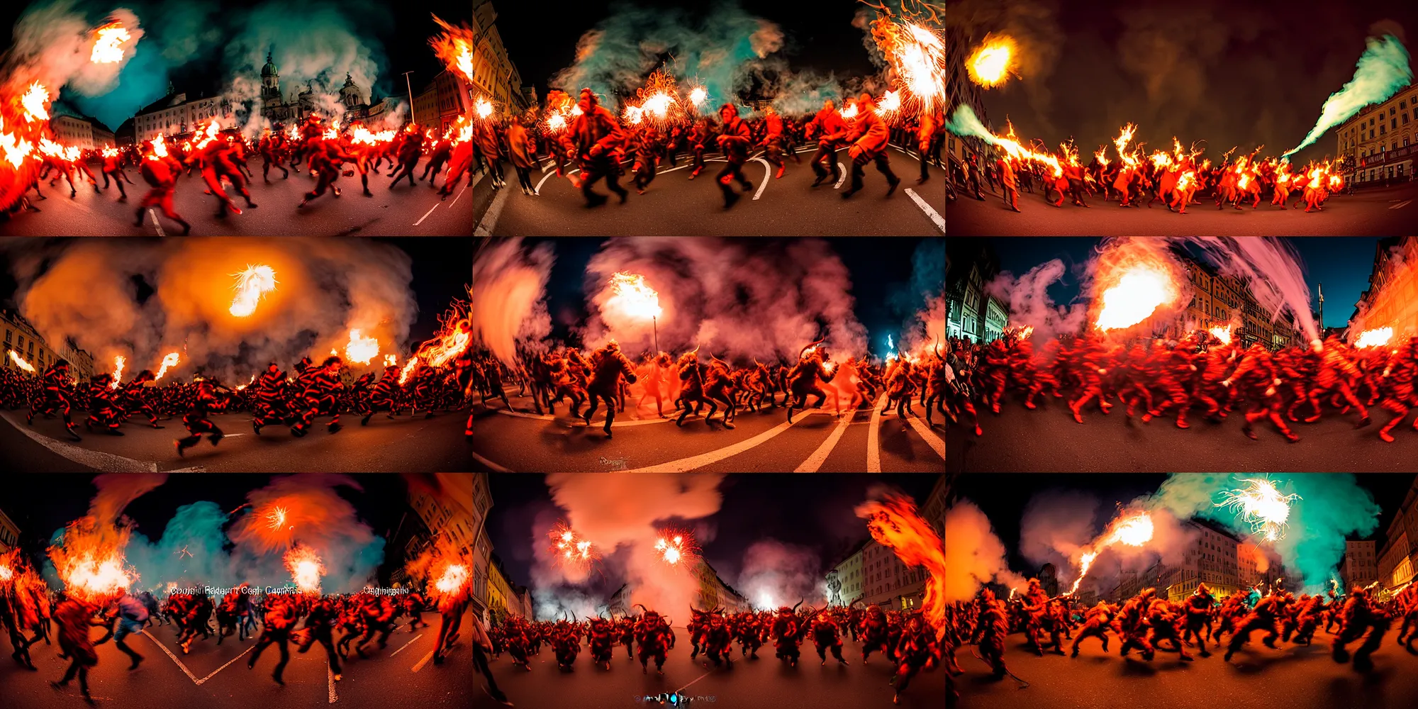 Prompt: kodak portra 4 0 0, award winning dynamic fisheye photograph of hundreds of running hazardous krampus, pelzebug, devils, by robert capas, in muted colours, striped orange and teal, motion blur, on a street in salzburg at night with colourful exploding pyro fire and torches