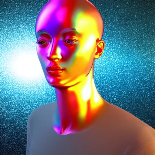 Image similar to 3d render of holographic human robotic head made of glossy iridescent, surrealistic 3d illustration of a human face non-binary, non binary model, 3d model human, cryengine, made of holographic texture, holographic material, holographic rainbow, concept of cyborg and artificial intelligence