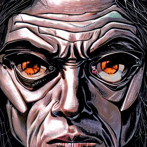 Image similar to close up portrait artwork of man with mullet cyborg eye. From The Terminator 1984. Artwork by Dan Mumford