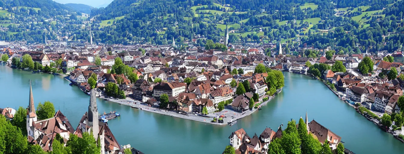 Image similar to Photo of Zurich, looking down the Limmat at the lake and the alps, Hardturm, Grossmünster, Lindenhof, Üetliberg, wide angle, volumetric light, hyperdetailed, light blue water, artstation, cgsociety, 8k