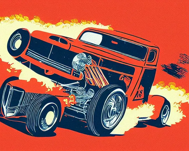 Prompt: hot rod doing burnout, vintage t - shirt illustration