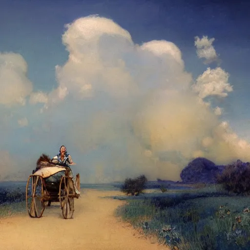 Prompt: a smiling waving woman from the cloud tribe, cumulus cloud tattoos, sky blue and white color scheme, background plains with horse and cart, fantasy character portrait by Gaston bussiere, craig mullins