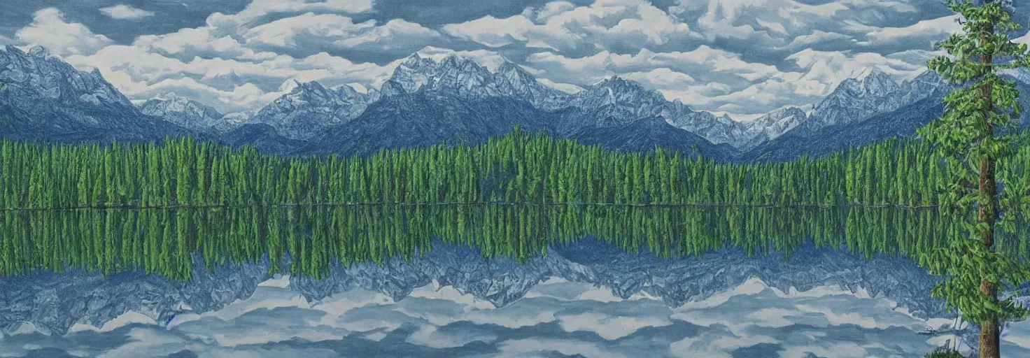 Image similar to escher painting of a lake, big trees reflecting on lake surface, mountains at background, snowy, ultra sharp, ultra detailed, colorized by salvador