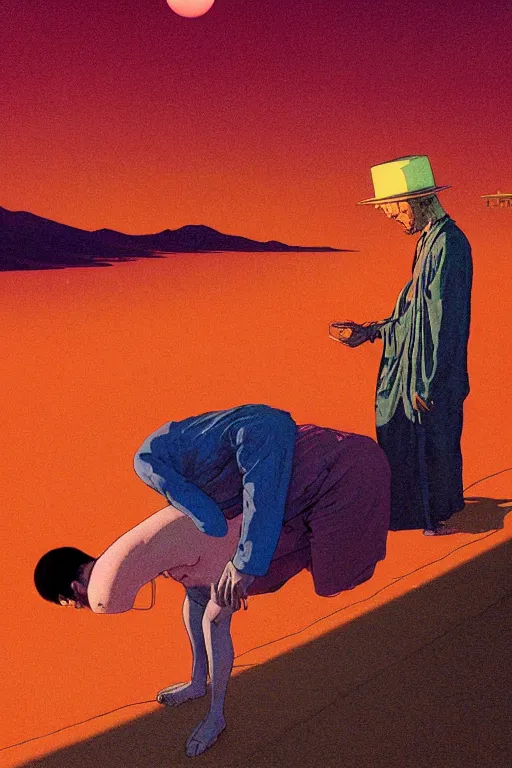 Image similar to man licks a tab of LSD acid on his tongue and experiences psychedelic hallucinations, by kawase hasui, moebius, Edward Hopper and James Gilleard, Zdzislaw Beksinski, Steven Outram colorful flat surreal design, hd, 8k, artstation