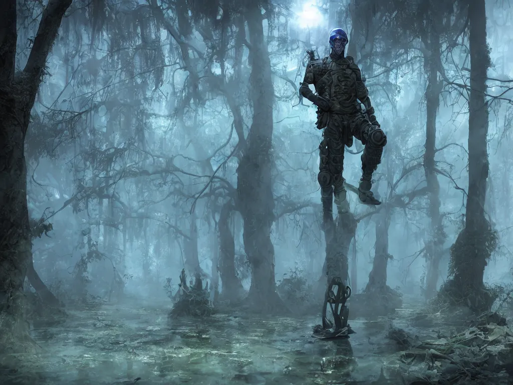 Prompt: a mystical misty swamps a renaissance style soldiers unit in blue hoods with diesel punk-style exoskeletons, armed with edged weapons, battles werewolves. Volumetric lighting bioluminescence, plasma, neon, brimming with energy, electricity, power, Colorful Sci-Fi Steampunk diesel punk Biological Living, cel-shaded, depth, particles, lots of reflective surfaces, subsurface scattering