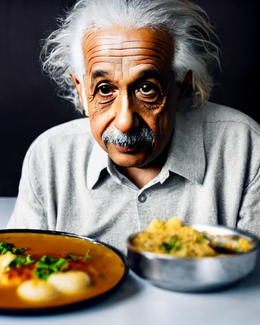 Image similar to A photo of Albert Einstein eating Idli Sambar, highly detailed, trending on artstation, bokeh, 90mm, f/1.4