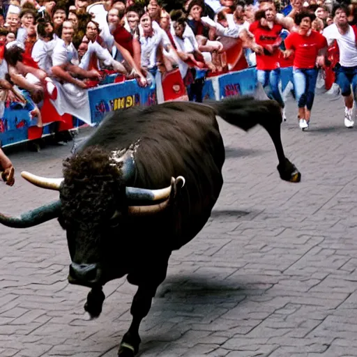 Image similar to screaming bob ross running from a bull in pamplona spain